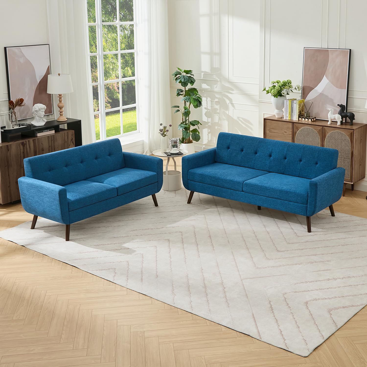 Mid Century Modern Sofa Couch, Blue, Loveseat & Standard Sofa