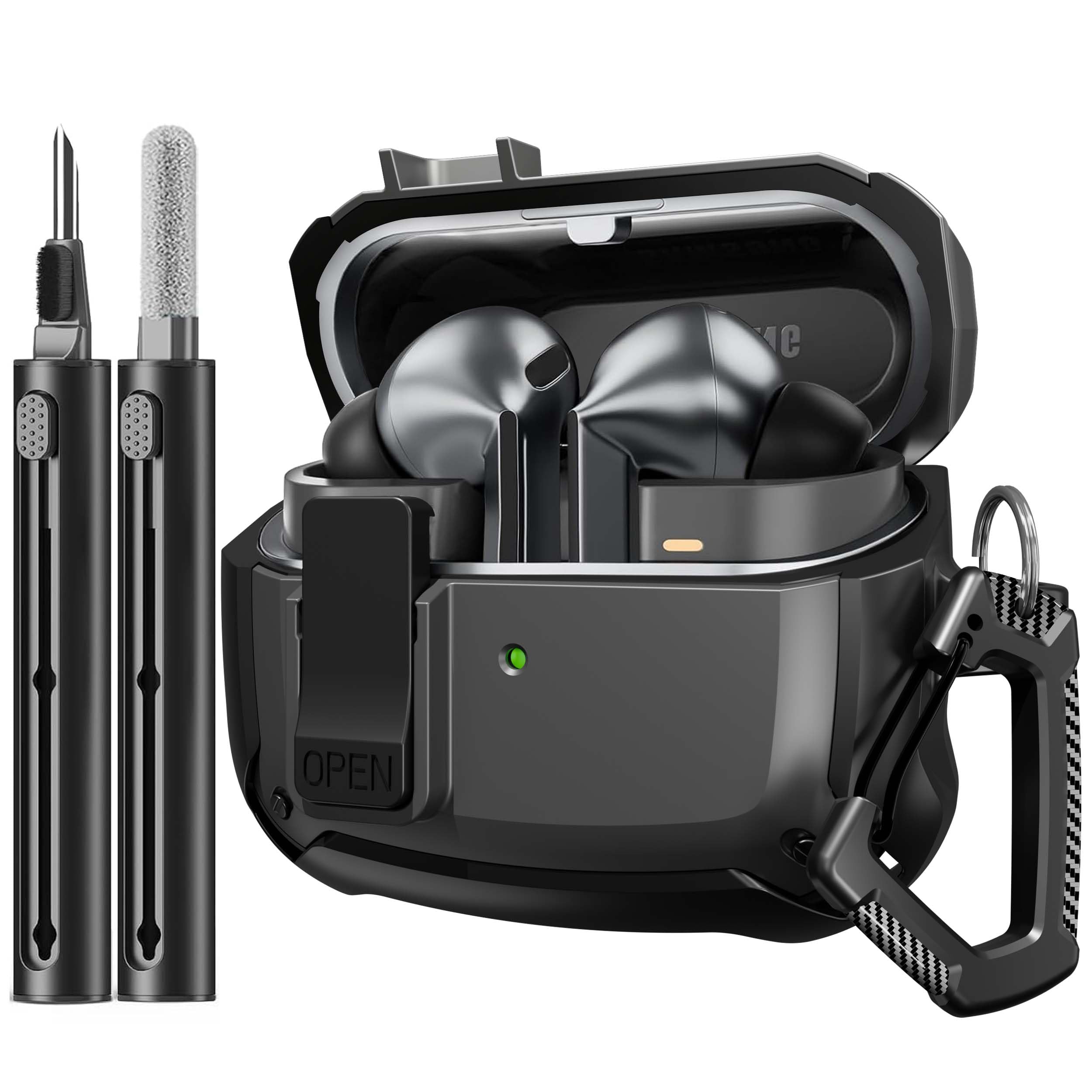 Sounce Case Cover for Samsung Galaxy Buds 3 Case and Galaxy Buds 3 Pro Case with Security Lock & 4-in-1 Cleaning Pen Combo with Keychain Tough Rugged Shockproof Hard Shell Protection Design - Black