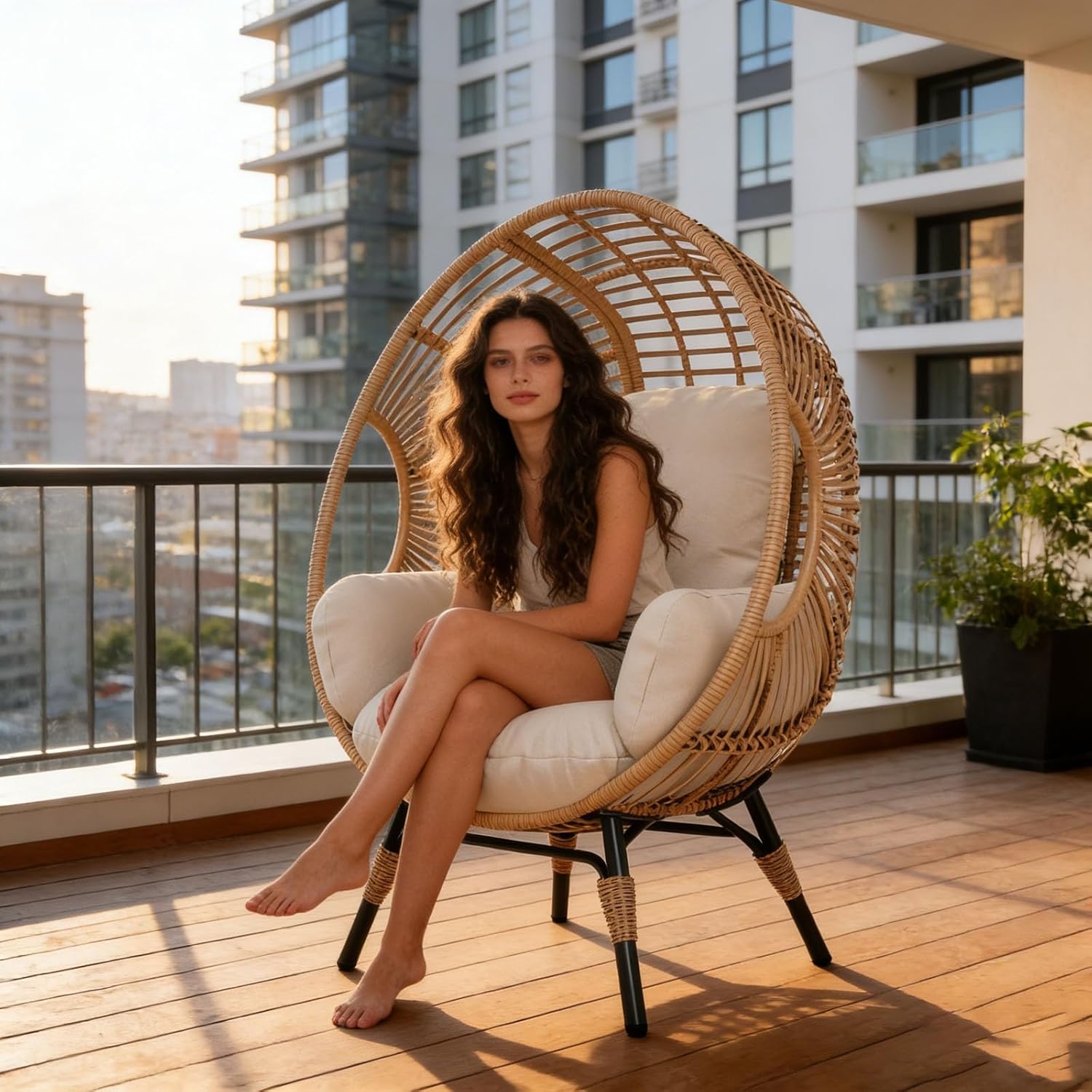 Wicker Chair Egg Style, Indoor Outdoor, 400lbs Capacity, 8-Inch Plush Cushion Balcony Chairs(Natural)