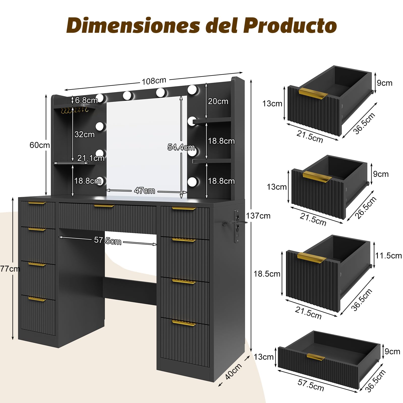 Devoko Tocador Estriado con Espejo y 10 Bombillas LED, Brillo Ajustable, Mesa de Maquillaje con 9 Cajones, Regleta de Enchufes y Soporte para Secador de Pelo (Negro)
