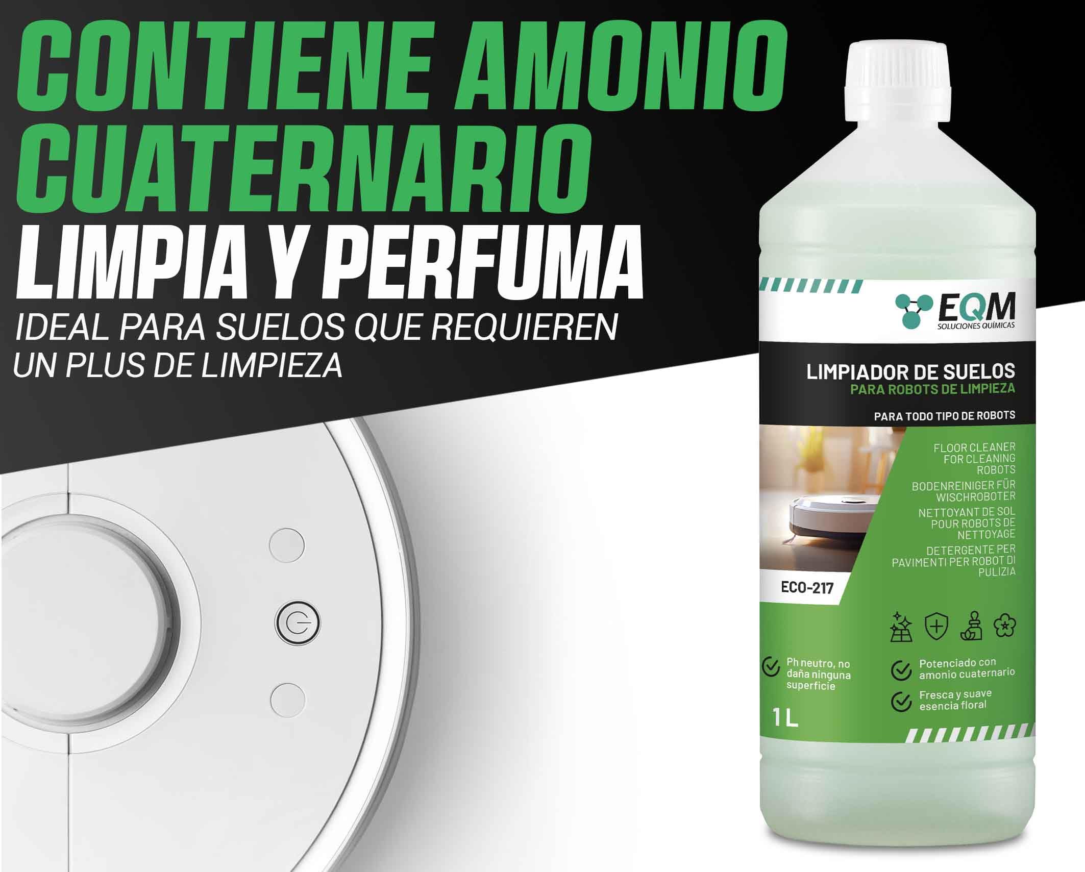 EQM - ECO-217 - Limpiador de Suelos para Robots de Limpieza - 1L - Válido para Cualquier Superficie gracias a su pH Neutro - Aroma Floral