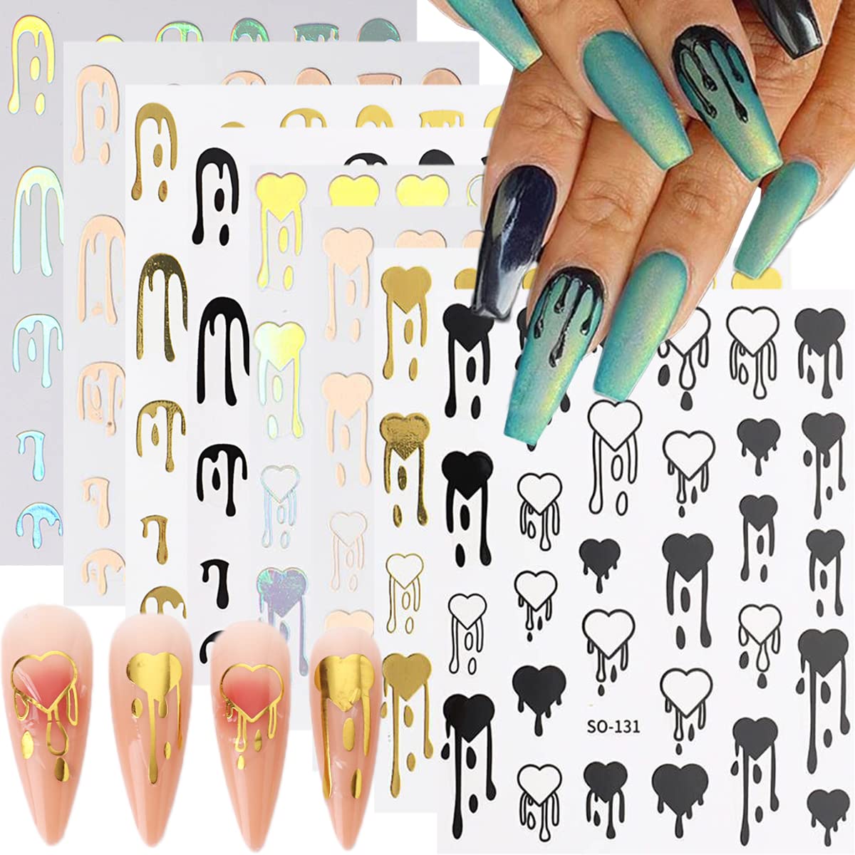 8 Self-Adhesive Sticker Sheets: Blood, Gold Heart & Water Drop Designs for Nails