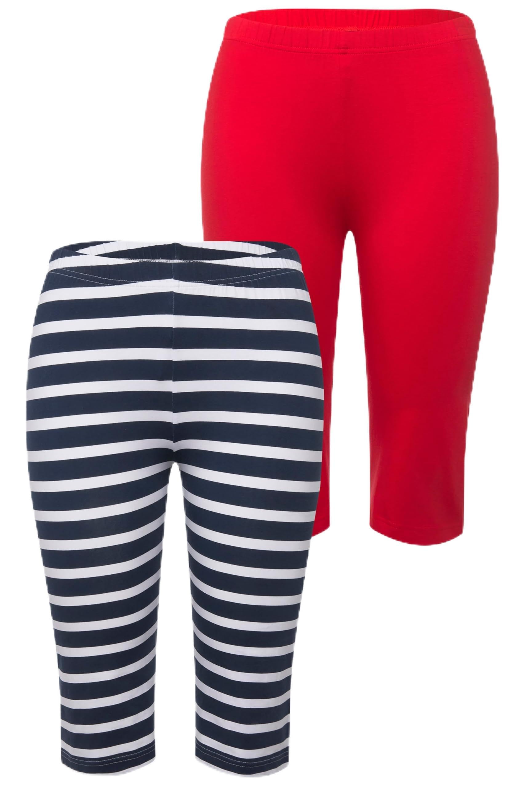 Ulla Popken Damen große Größen Übergrößen Plus Size Radler, 2er-Pack, einfarbig/Geringelt, Slimt Fit 826217