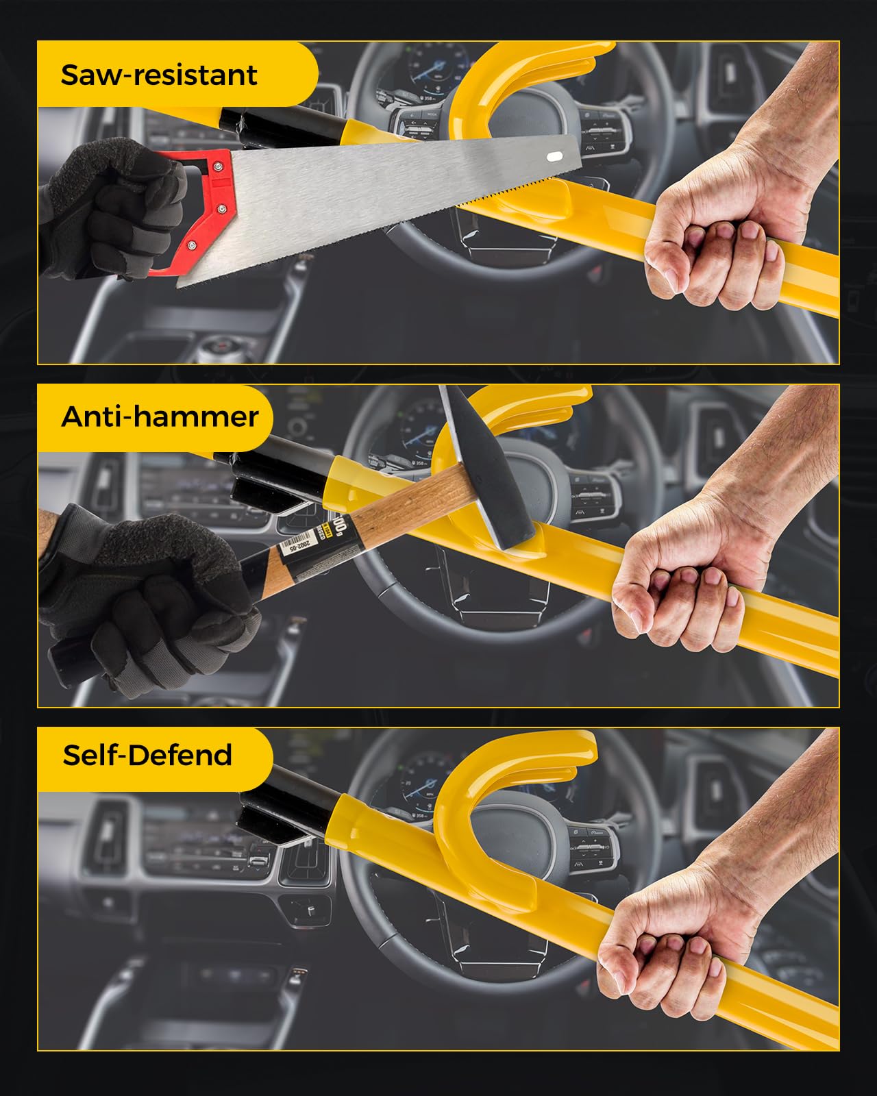 KYX Verrou de volant pour voiture – Double crochet antivol et verrou de sécurité robuste pour voiture avec verrouillage réglable et 2 clés – SUV, camionnette, camionnette (jaune)