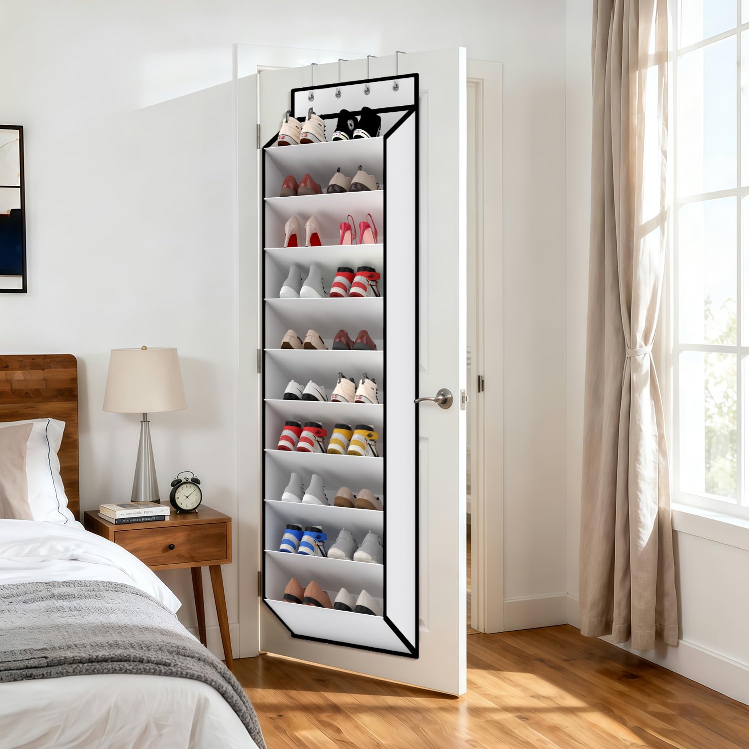 Condition photo showing New/Like New for keepjoy 10 tiers white over door shoe organizer storage, hanging shoe holder for door with large deep pockets, fit 20-30 pairs shoe rack for sneakers, boots (white)
