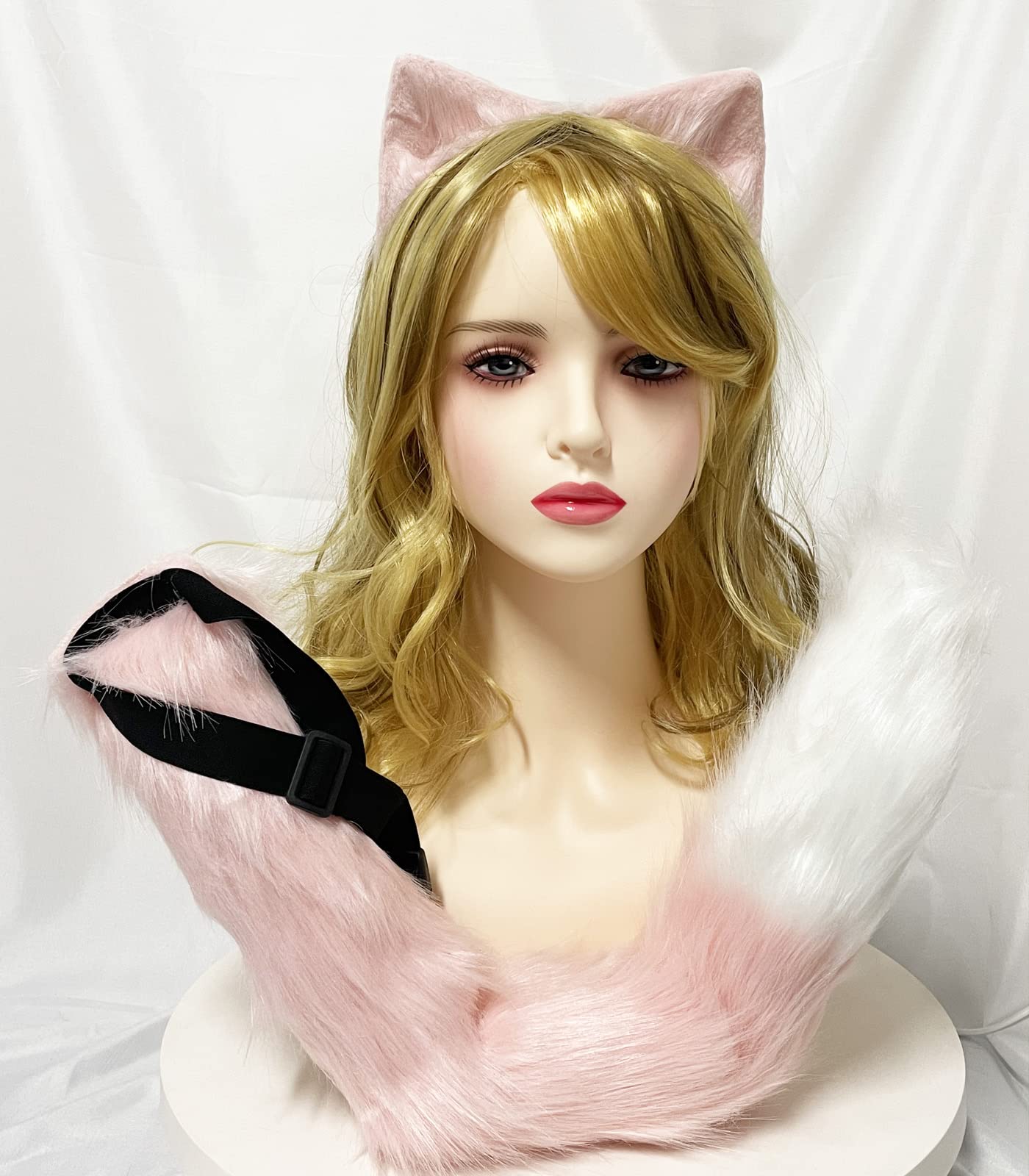 Moyubath Cat Ears Headband Wolf Fox Tail Set Handmade Animal Cosplay Costume Faux Fur Headdress Party Accessories (Pink) - Image 4