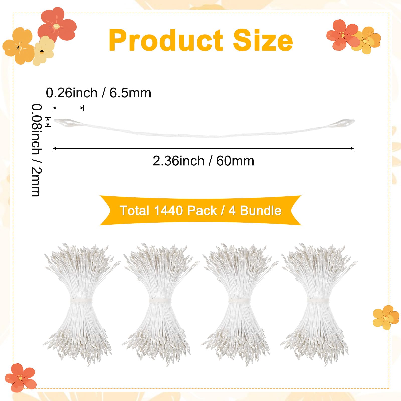 M METERXITY 1440 Stück Blumen-Staubblätter zum Basteln, 2 mm, Doppelköpfe, künstliche Blütenstempel, Mini-Blumenstempel, Staubblätter für Heimwerker/Hochzeit/Scrapbook-Dekoration [Weiß]