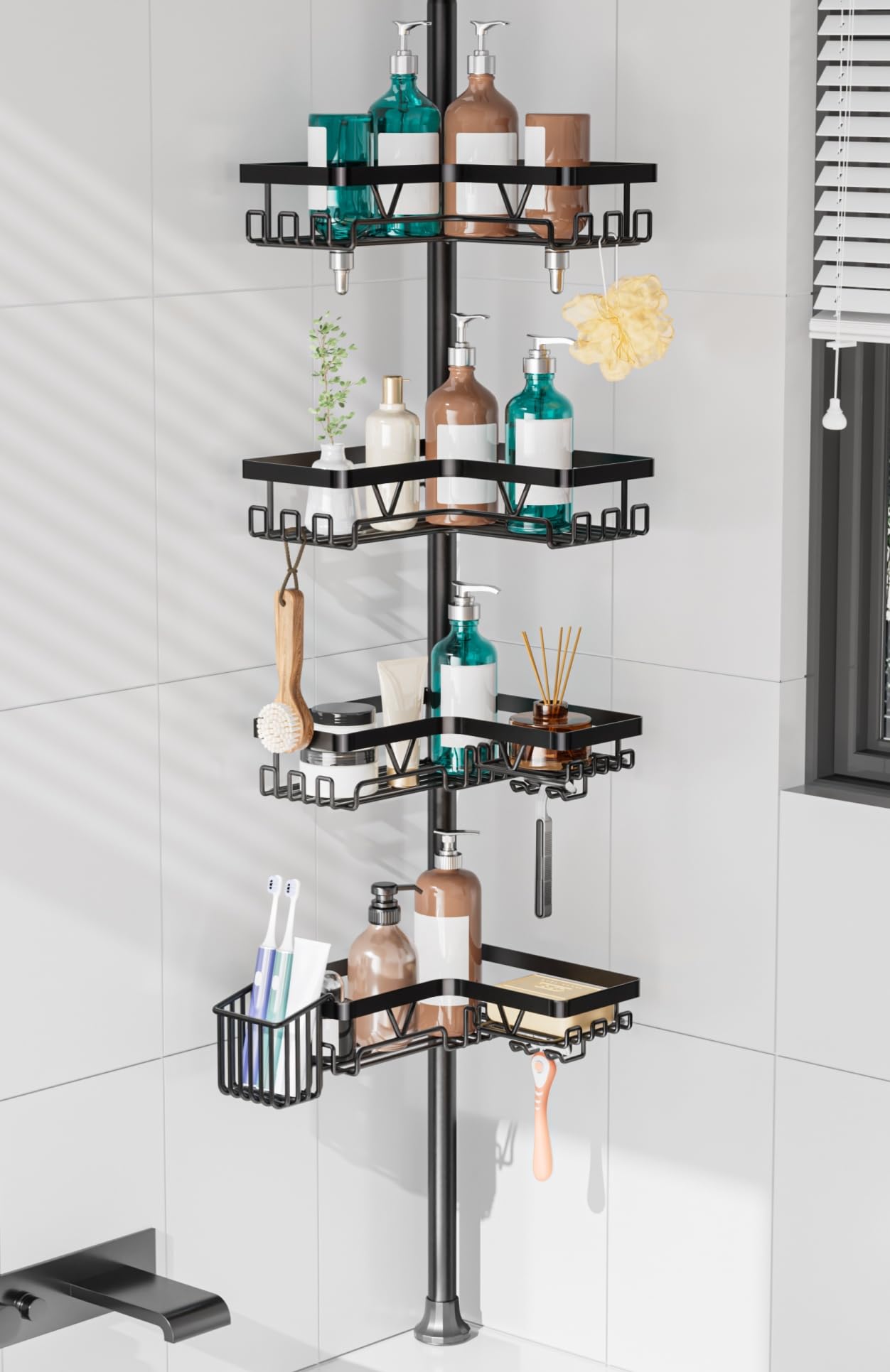 KEGII Shower Caddy Corner Tension Pole with Toothbrush Holder - Adjustable Corner Shower Organizer with Tooth Brush Holder