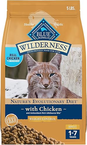 Blue Buffalo Wilderness - Alimento seco para gatos con alto contenido de proteínas, control de peso natural para adultos, pollo 5 libras