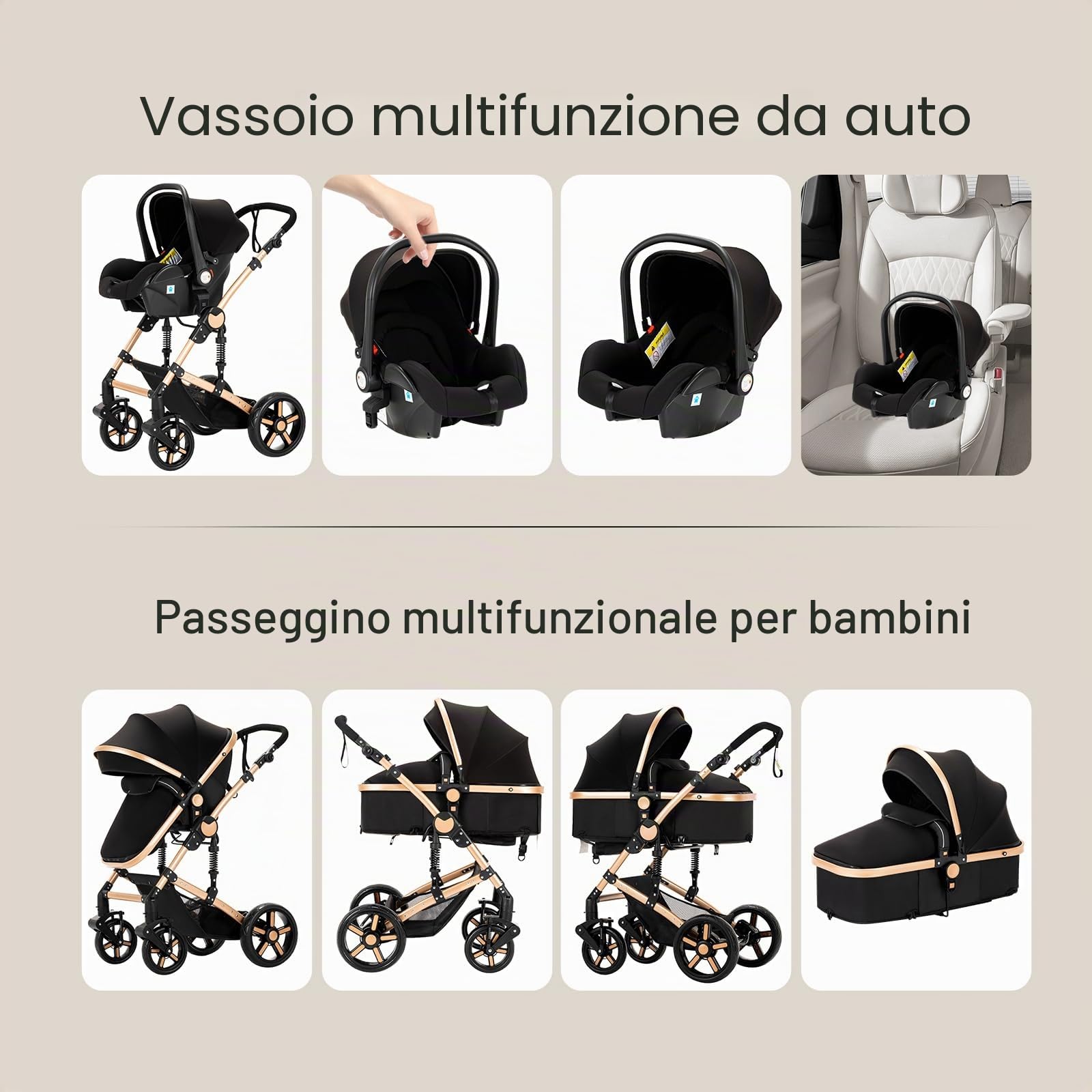 MoLi Passeggino Trio, Passeggino 3 in 1 con Doppia Modalità Push Reversibile, Trio Passeggino Neonati con Grande Navicella, Carrozzina per Neonati in Alluminio Pieghevole (588 Tawny)