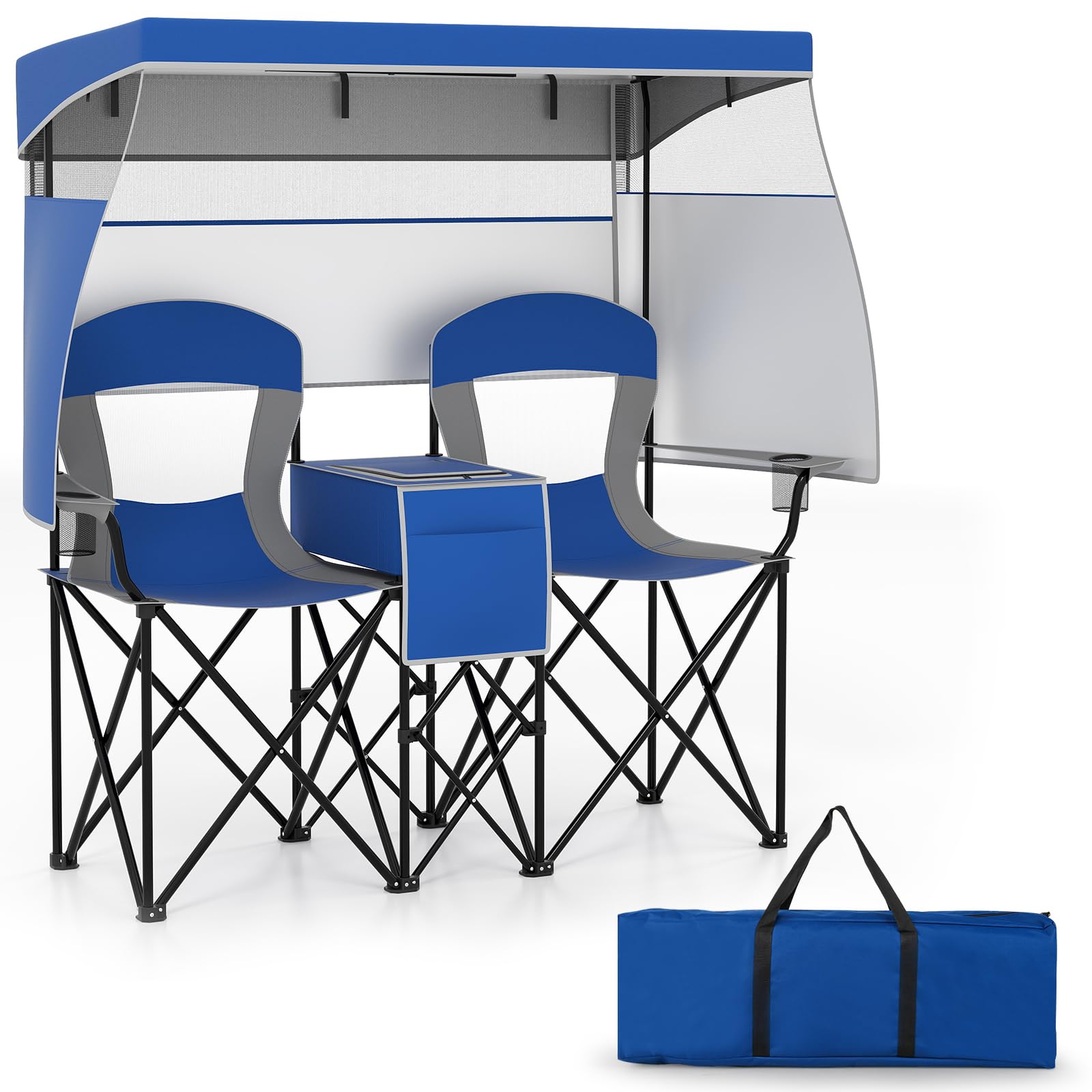 GIANTEX Set di 2 sedie da campeggio pieghevoli con tettuccio parasole, mini tavolo, borsa termica e porta bevande, sedia pieghevole per 2 persone, modello 2 blu scuro