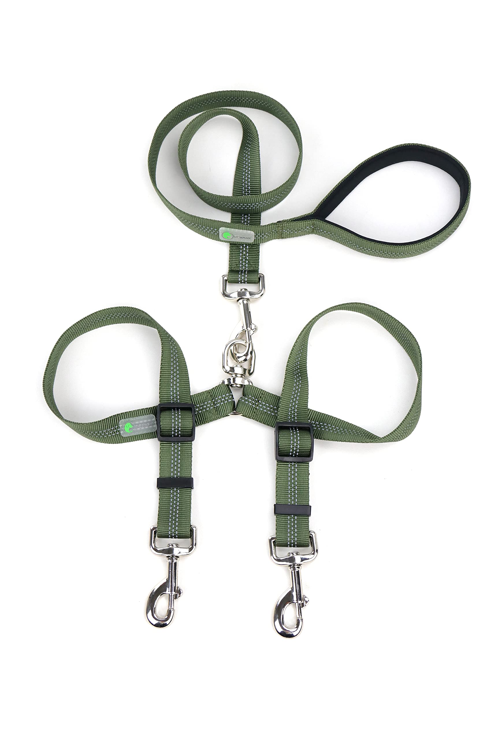 Tangle Free Double Dog Leash, No Tangle Adjustable Length Lead with Comfortable Padded Handle for 2 Dogs (L, Army Green)