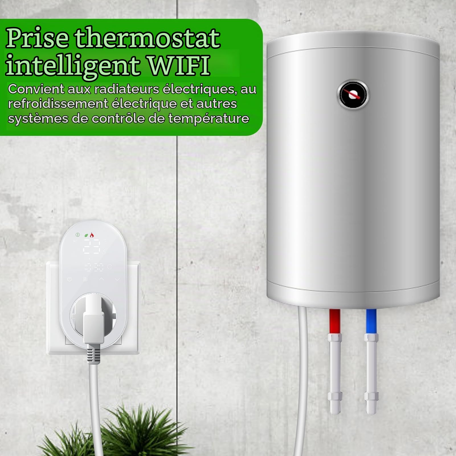 Thermostat de Prise Wi-FI, 220V 16A programmable avec Modes Chauffage et Refroidissement Affichage numérique LED Compatible avec Smart Life/Alexa/Google Assistant