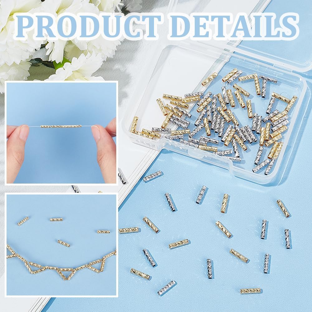 BENECREAT 100Pcs Gold and Silver Carved Noodle Tube Beads, Real 18K Gold Plated Tube Beads Straight Spacer Bead 8x2mm for DIY Craft Bracelet Necklace Jewelry Making - Image 4