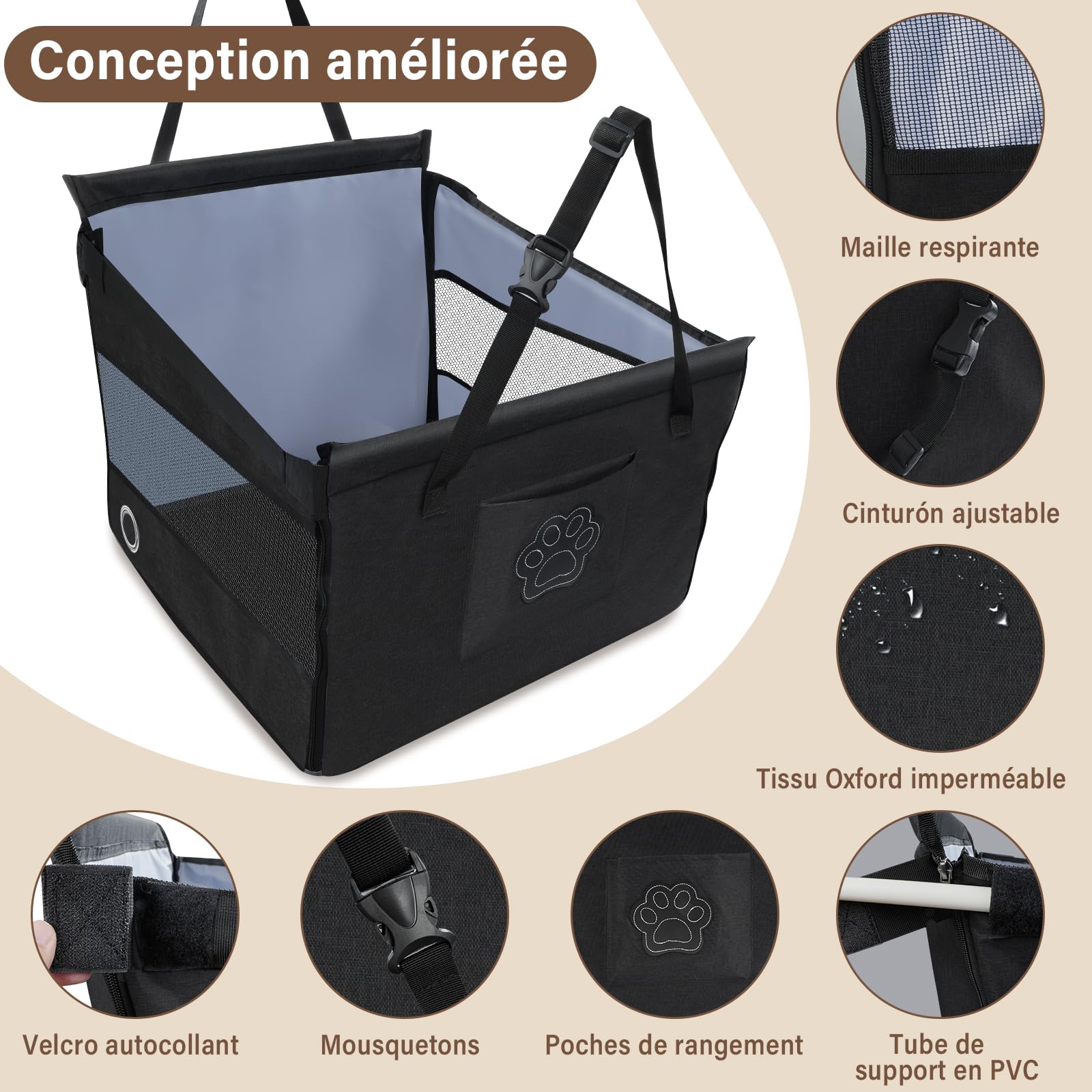 Siège Auto Chien Sécurisé, Panier Voiture Chien Confortable, Protection Voiture Chiens avec Fenêtre Aérée, Sangle Réglable, Compatible avec Tous Véhicules (49x49x38cm)