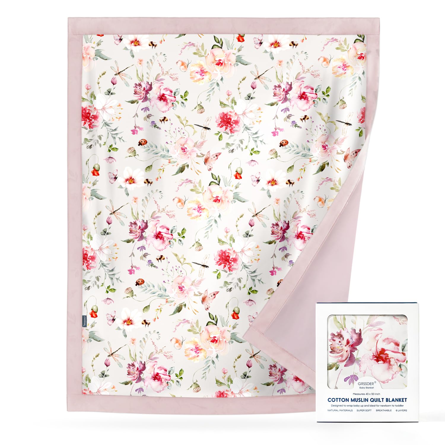 GRSSDER Cotton Muslin Quilt Blanket - Silky Soft and Breathable Baby Blanket Quilt, Oversized Muslin Blankets for Newborns, Toddlers &amp; Kids, 6 Layers Reversible Design for All Seasons, 40" x 50"