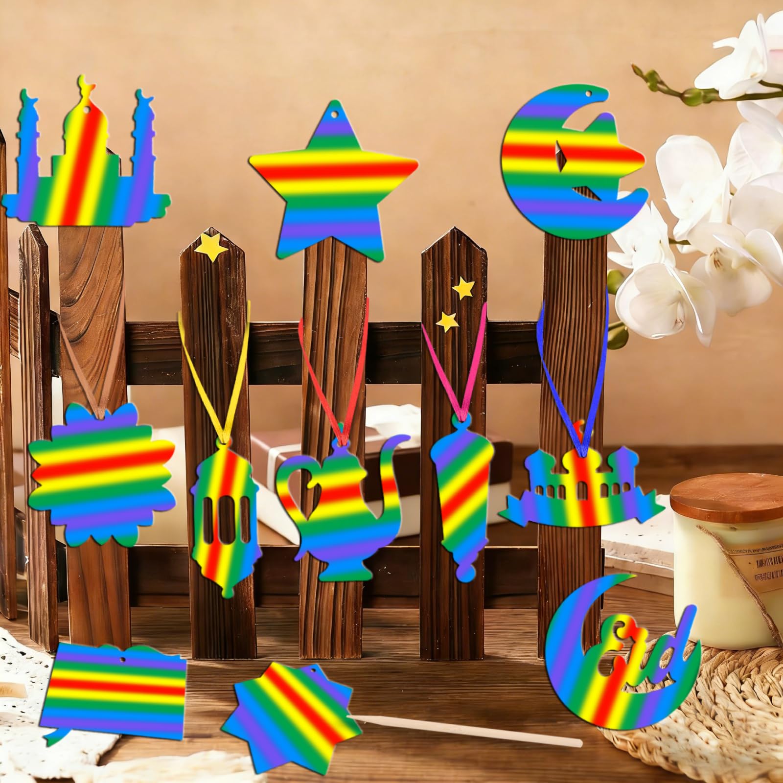 36 PCS Ramadan Eid Scratch Art for Kids Ramadan Lantern Moon Star Castle Shaped Rainbow Paper Eid Mubarak Decorations with Ribbon - Image 2