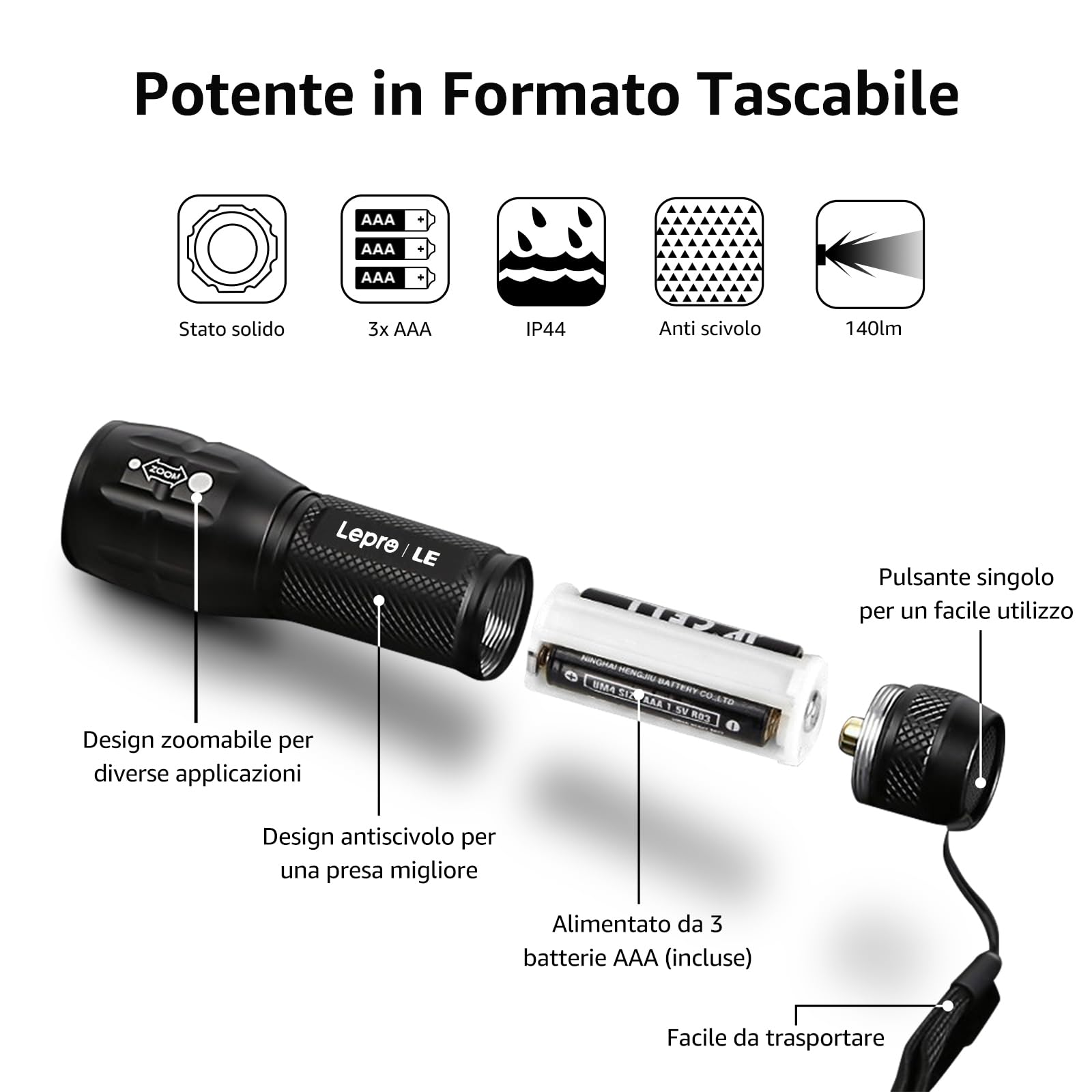 LE Torcia LED Potente Professionale, Piccola Torce LED a Pile LE1000 IPX4 Impermeabile, Zoomabile Torcia Elettrica per Campeggio Emergenza Bambini, AAA Batterie Incluse