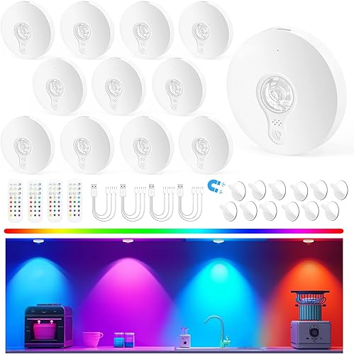 Luces de disco recargables con control remoto, juego de 12 luces magnéticas para debajo del gabinete, luces LED de 1500mAh con control remoto,