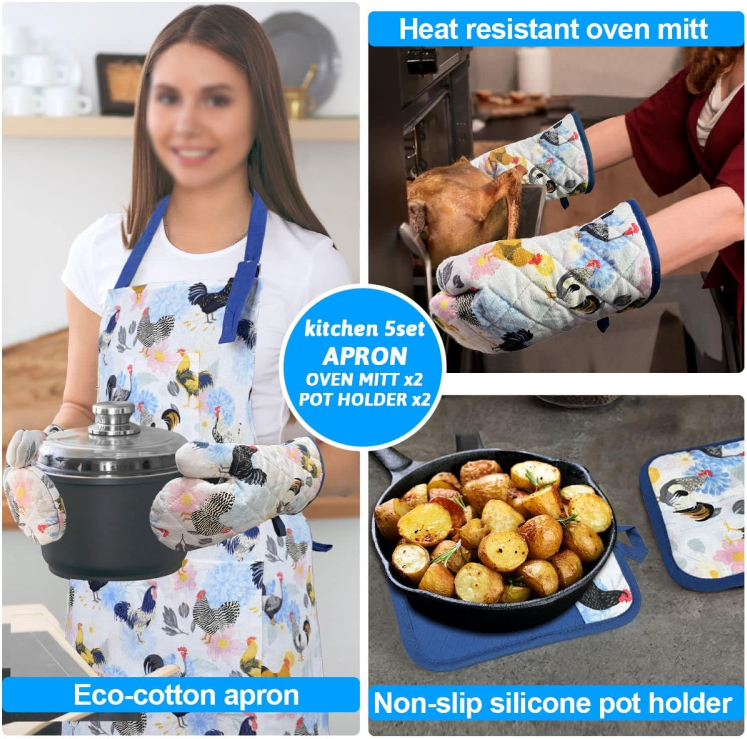 Oven Mitts and Pot Holders with Chef Apron,Set of 5 Heat Resistant Kitchen Gloves and Silicone Non-Slip Potholders Adjustable Neck Buckle Chef Apron, Cotton Nice Design for Cooking (Rooster) - Image 2