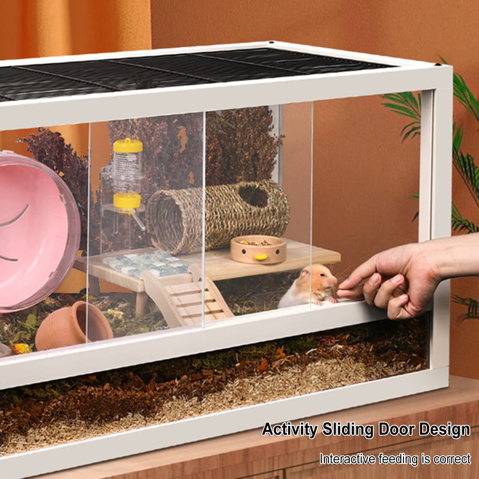 Szklane terrarium dla gadów Pełny widok Atrakcyjna wizualnie szklana klatka siedliskowa dla gadów dla chomika, złotego niedźwiedzia, rumianego kurczaka, jeża, jaszczurki (złota 60x35x46 cm)