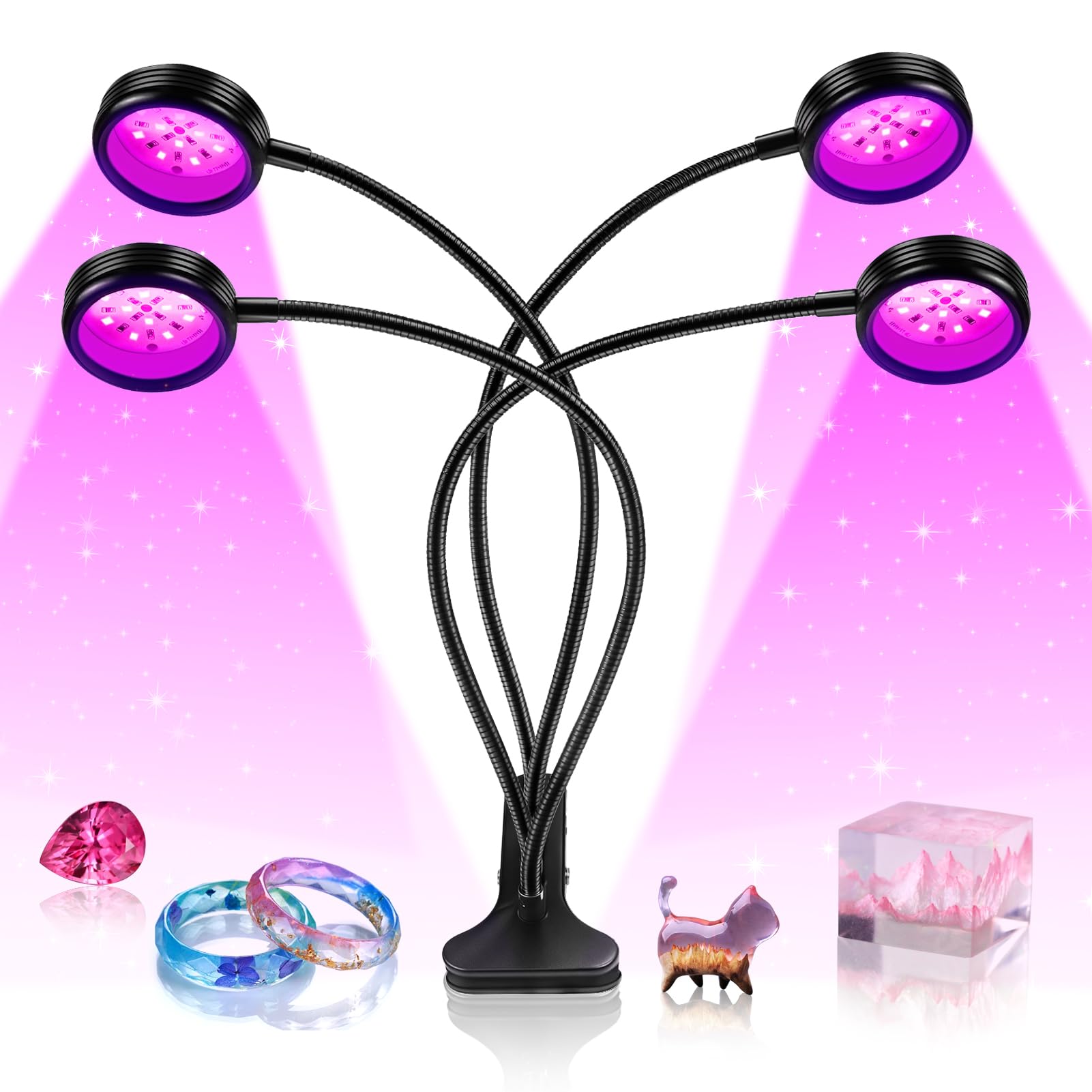 LED Black Light Dual Head, 15W UV Resin Light Fixture with Clamp, 395-405nm UV Gooseneck Lamp USB Powered for Blacklight Party, Stage Lighting, Resin Cure, 3D Printing, Glow in The Dark