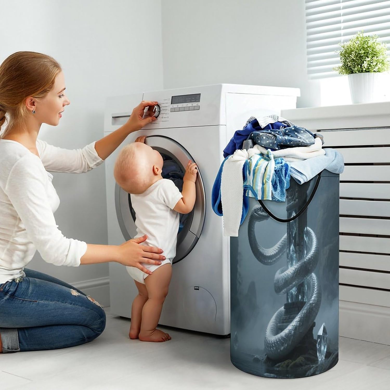 Snake on Crystal Pillar Laundry Hamper Fashion Dirty Laundry Hamper Portable Laundry Hampers with Handles Lightweight Large Clothes Storage Basket for Bedroom Bathroom