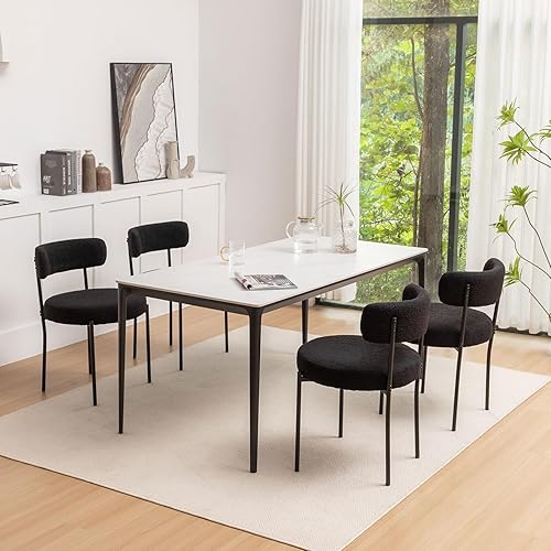 Boucle - Juego de 4 sillas de comedor tapizadas redondas con patas de metal negro, sillas de comedor modernas para comedor, cocina, sala de estar