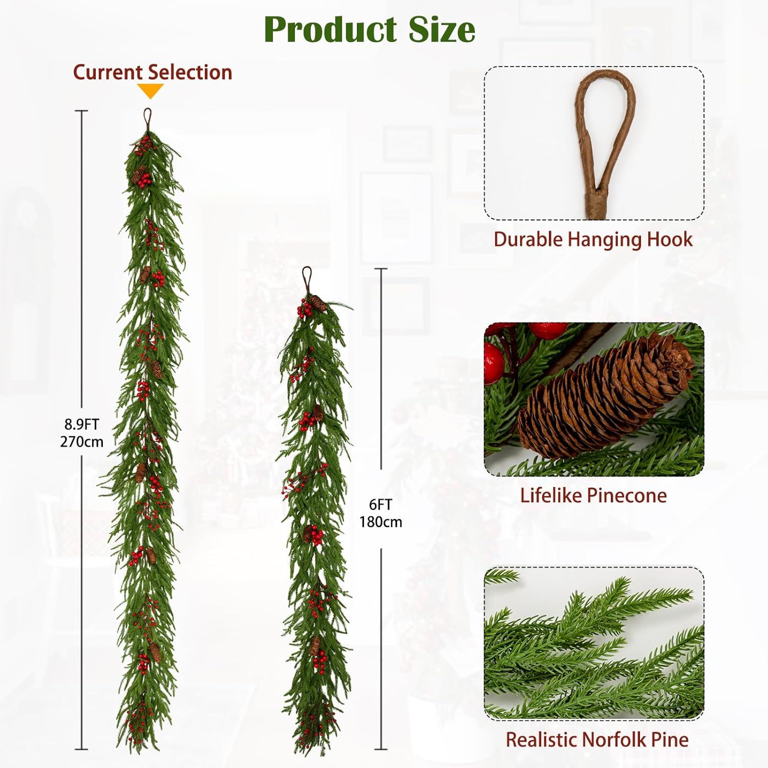 Hollyone 9FT Norfolk Pine Garland Real Touch Winter Pine Garland with Red Berry Christmas Garlands Artificial Greenery for Table Mantle Wall Indoor Outdoor Mantle Holiday Christmas Home Decor