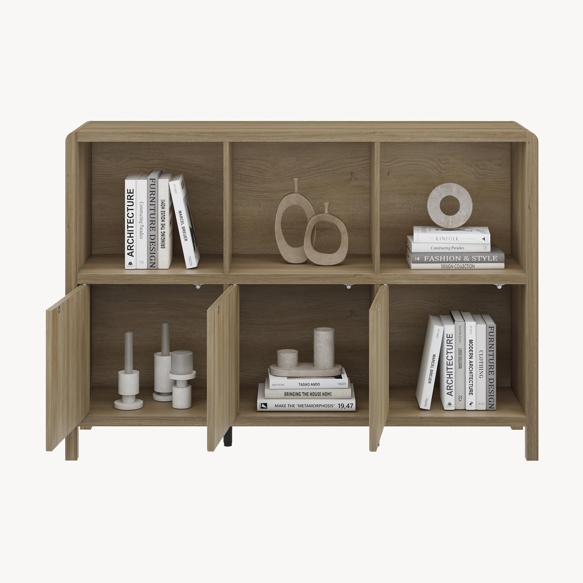 [en.casa] Lukkodso komoda do salonu z 3 drzwiami, komoda typu push-to-open, 6 półek, 77 x 110 x 30 cm, imitacja dębu, rustykalna