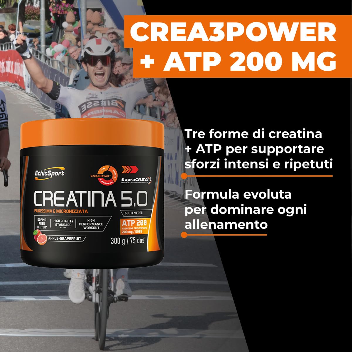 EthicSport CREATINA 5.0 – Creatina evoluta a base di SupraCREA®, con Crea3Power e ATP 200mg – Incrementa le prestazioni fisiche in attività brevi e intense** – doping free tested – 300g