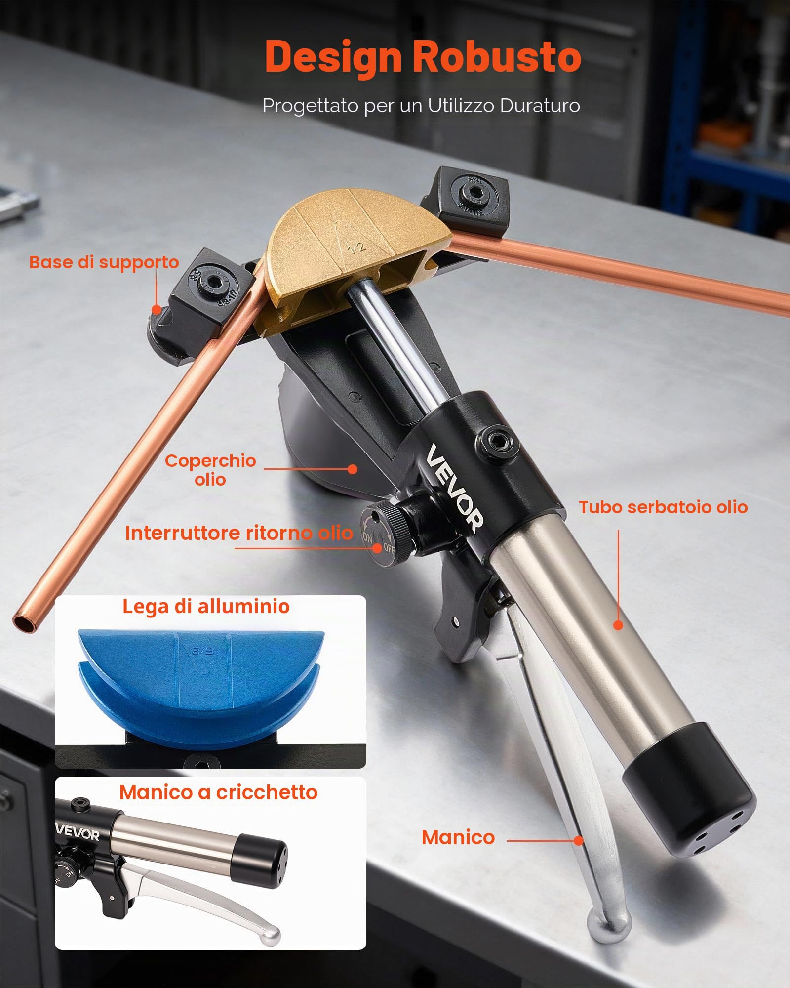 VEVOR Kit Piegatubi Idraulico per Tubi Pinza Idraulica per Piegtura di Tubi in Rame Alluminio Spessore 0,6-1,5 mm, Utensili per Piegatura di Tubi Angolo max. 90° Dimensioni 6-22 mm Riparazione