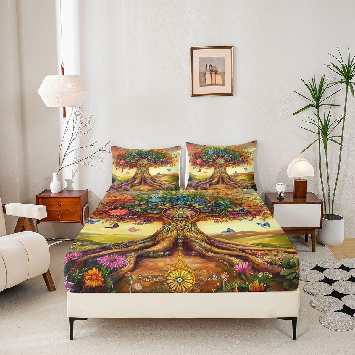 Homewish Kolorowe drzewo wzór podwójne płaskie prześcieradło z gumką boho natura botaniczny styl prześcieradła głęboka kieszeń 16 cali (40 cm), kwiatowy zestaw pościeli botanicznych zachód słońca