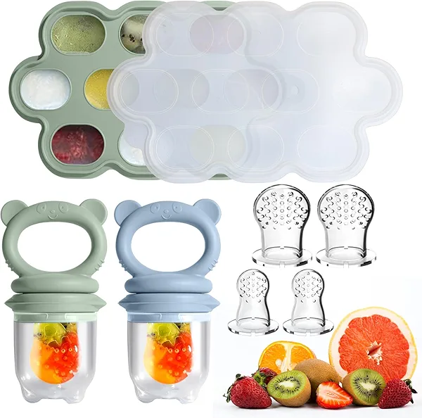 Baby Food Feeder Set, 2 Packs Fruit Feeder & Breastmilk Popsicle Molds Freezer Tray with Lid, Silicone Fruit Feeder to Teething Relief, Introduce New Foods, Baby Feeding Essentials(Green+Blue)