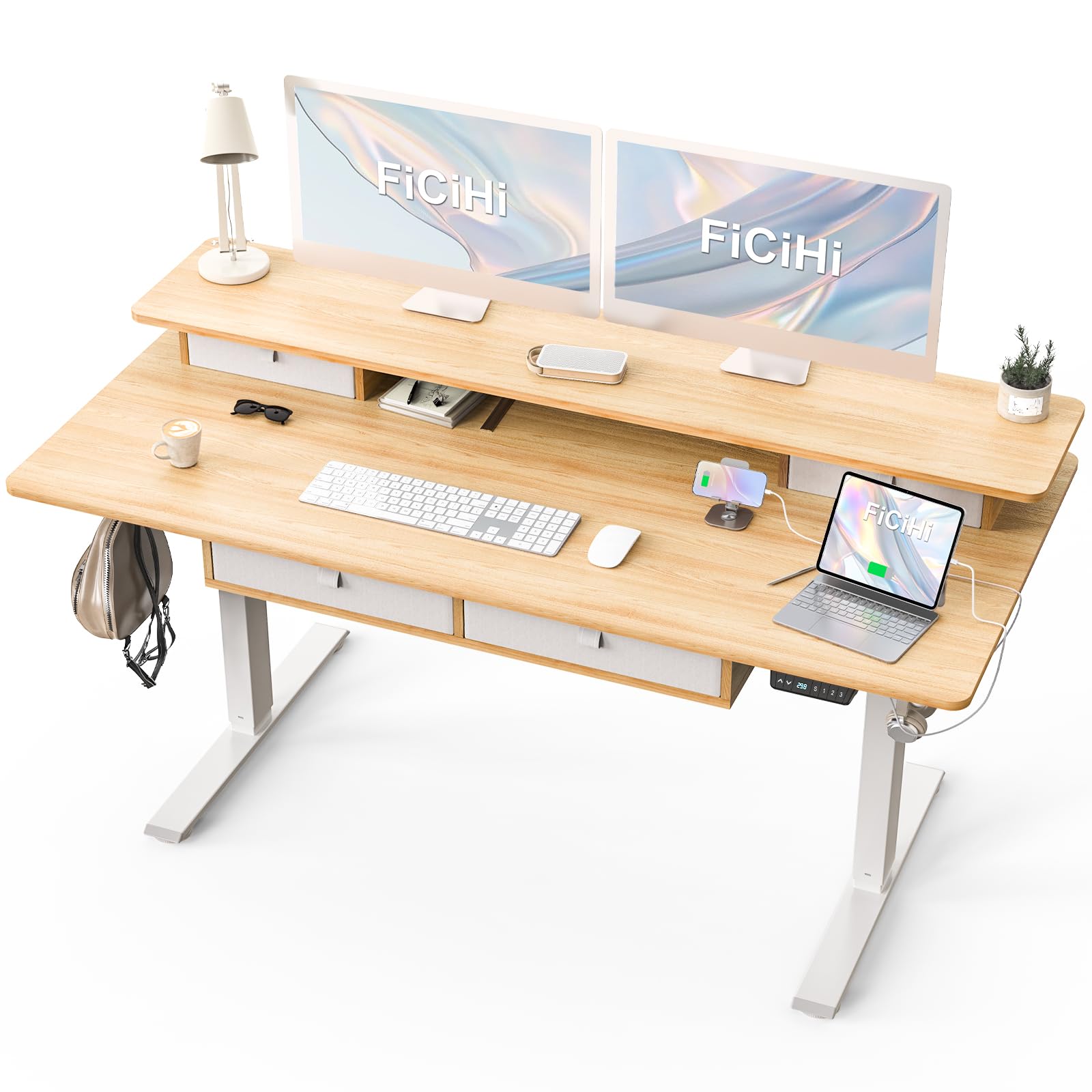 FiCiHi Adjustable Height Standing Desk with 4 Drawers,63 x 30 inches Electric Sit Stand Home Office Desk with Two Tiers, 3 Memory Presets, Monitor