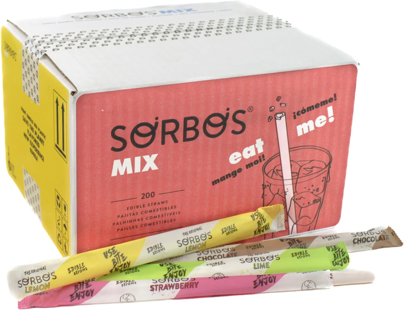 Sorbos Edible Straws, Flavor Mix Variety, Chocolate, Lemon, Lime, Strawberry, Individually Packaged, No PFAS, No Allergens, No Gluten, 7.4 inches long (Pack of 200)