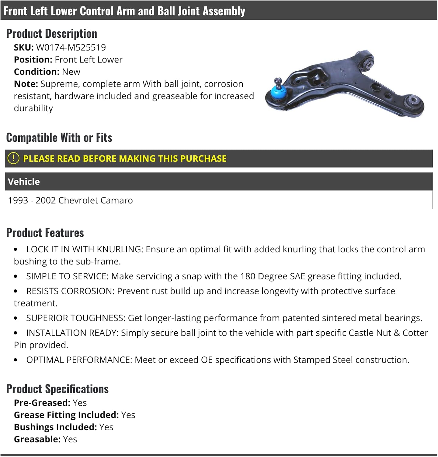 Front Left Driver Side Lower Control Arm and Ball Joint Assembly - with Bushings - Compatible with 1993-2002 Chevy Camaro