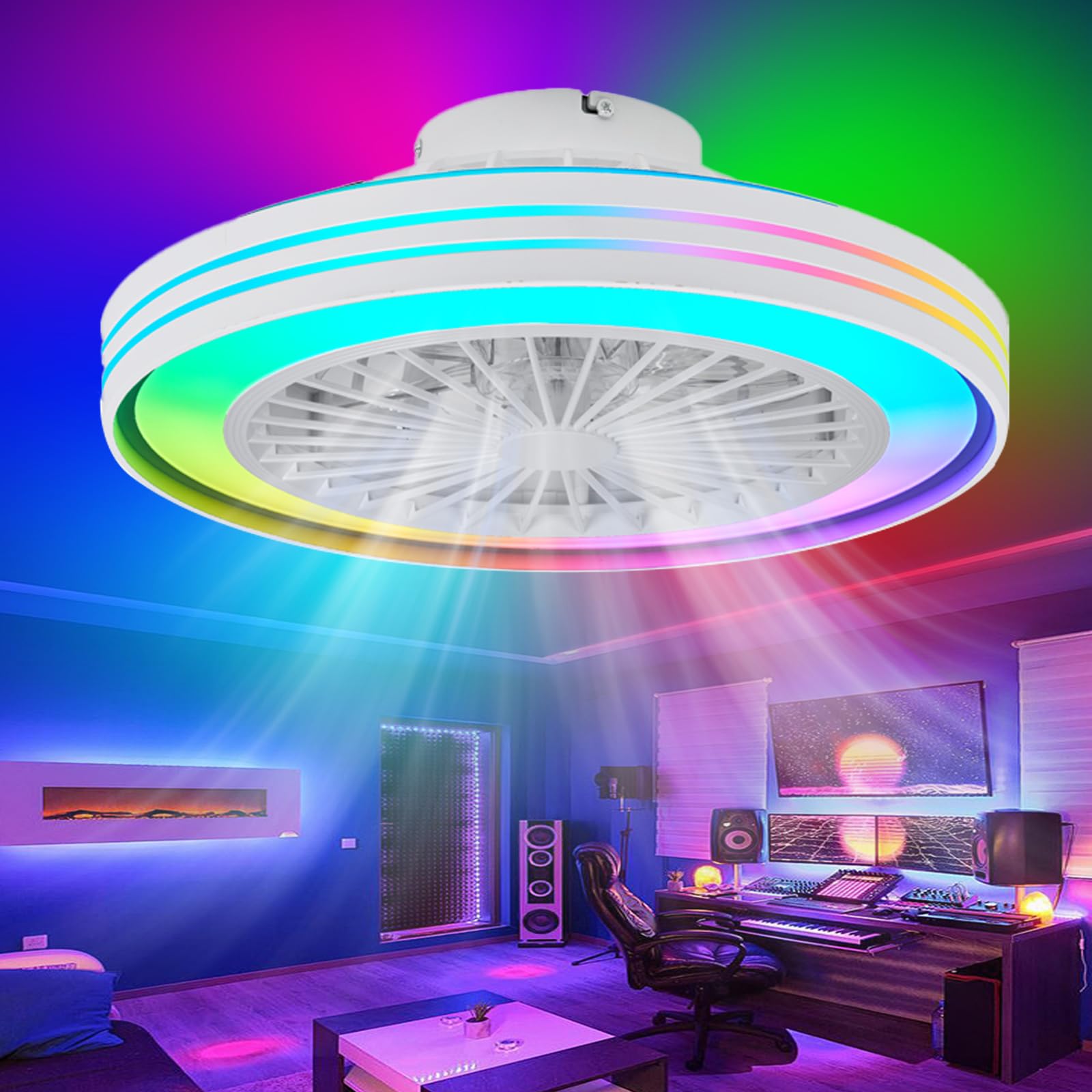 ZOMLBOF Fan Ceiling Lights Quiet Bedroom,Reversible,RGB Ceiling Fan,6 Speeds,Remote Control,3 Color Temperatures,Game Rooms Studies,Smart Ceiling Fan Light and Timer,Memory 48cm