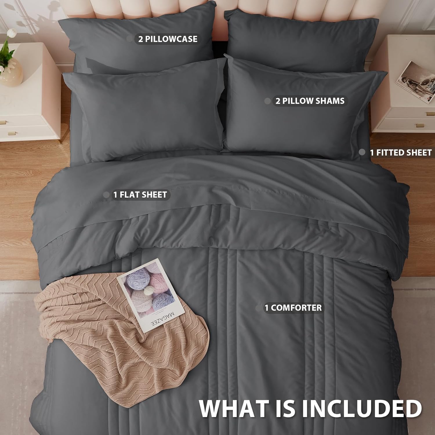 King Comforter Set Dark Grey - Bed in a Bag King Size 7 Pieces, Soft Bedding Set for All Seasons, Premium King Comforter Set with Comforter, Sheets, Pillowcases & Shams - Image 3