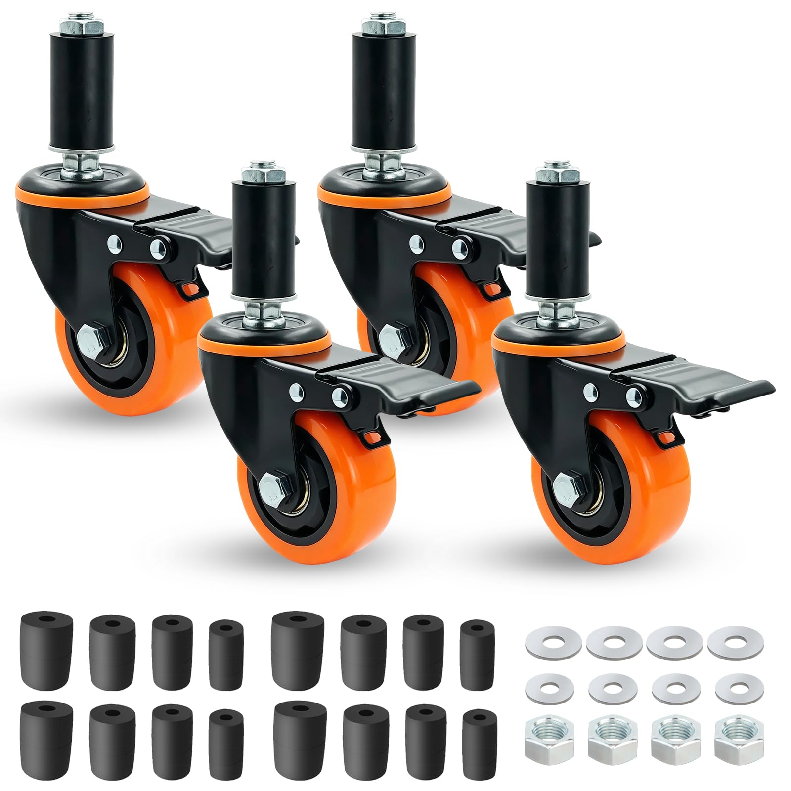 75mm Dilatabile Perno ruote per carrelli set da 4 con Freno Arancione, per carichi pesanti 400KG Totale capacità di carico, Si adatta 23mm/28mm/34mm/40mm Tuba Gamba, ideale per Prep Tables, Carrelli