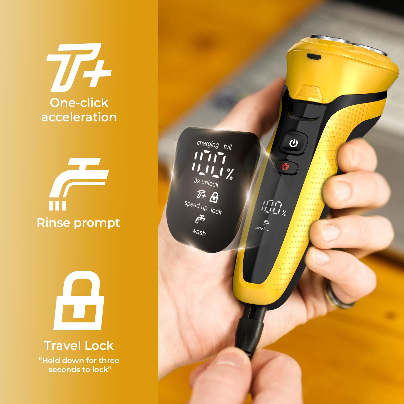 rategist Maquinilla de afeitar eléctrica recargable para hombres: afeitadora 3 en 1 para barba/nariz/patillas - Kit de viaje impermeable IPX7 - Cuchillas de velocidad turbo y precisión, color amarillo