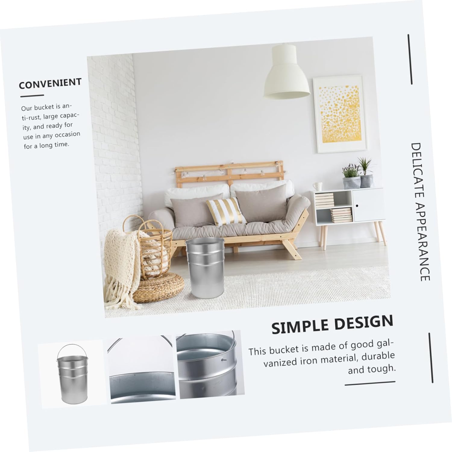 Galvanized Trash Can Bucket Multipurpose Metal Garbage Container for Outdoor Garden Kitchen Storage Easy to Clean Capacity Comfortable Handle