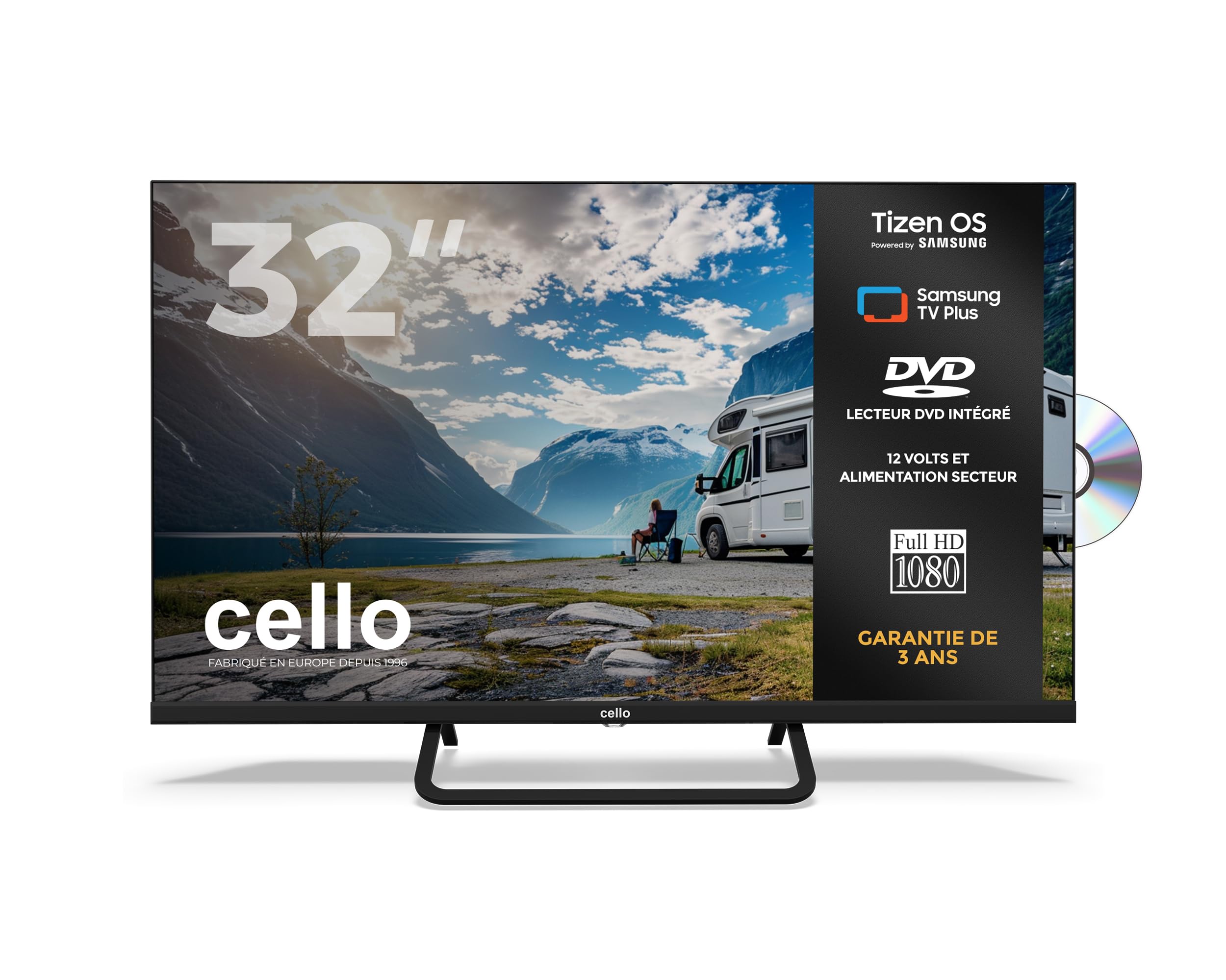 Cello CTRAV-32TZF Smart TV LED 32" 12V con lettore DVD, Tizen OS di Samsung, Gaming Hub, altoparlanti Pitch Perfect, Bluetooth, triplo sintonizzatore, ideale per camper e campeggio