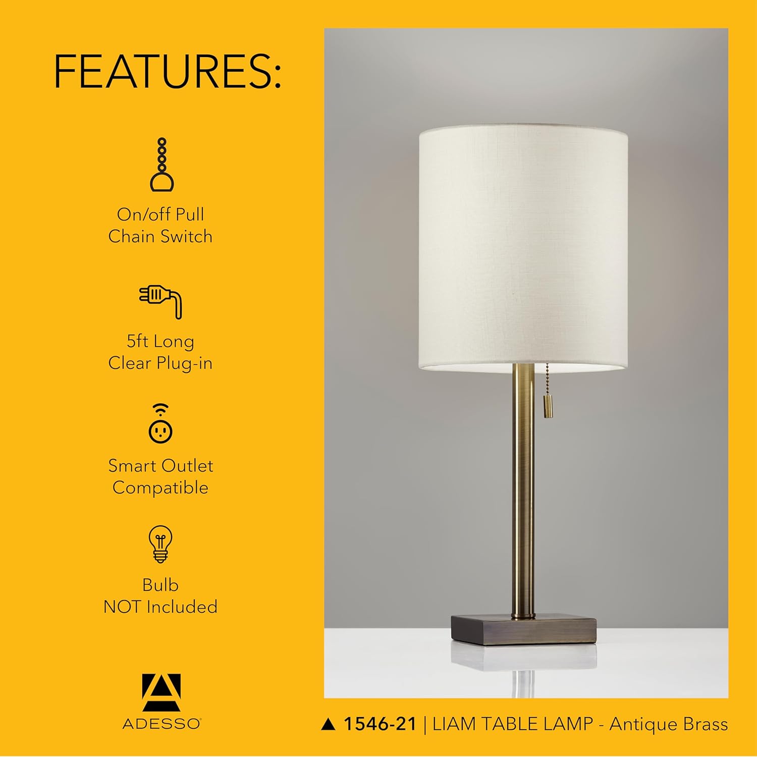 Adesso Antique Brass Table Lamp with Light Beige Lampshade – Modern Accent Light for Bedroom, Living Room, and House Décor, 22” Tall