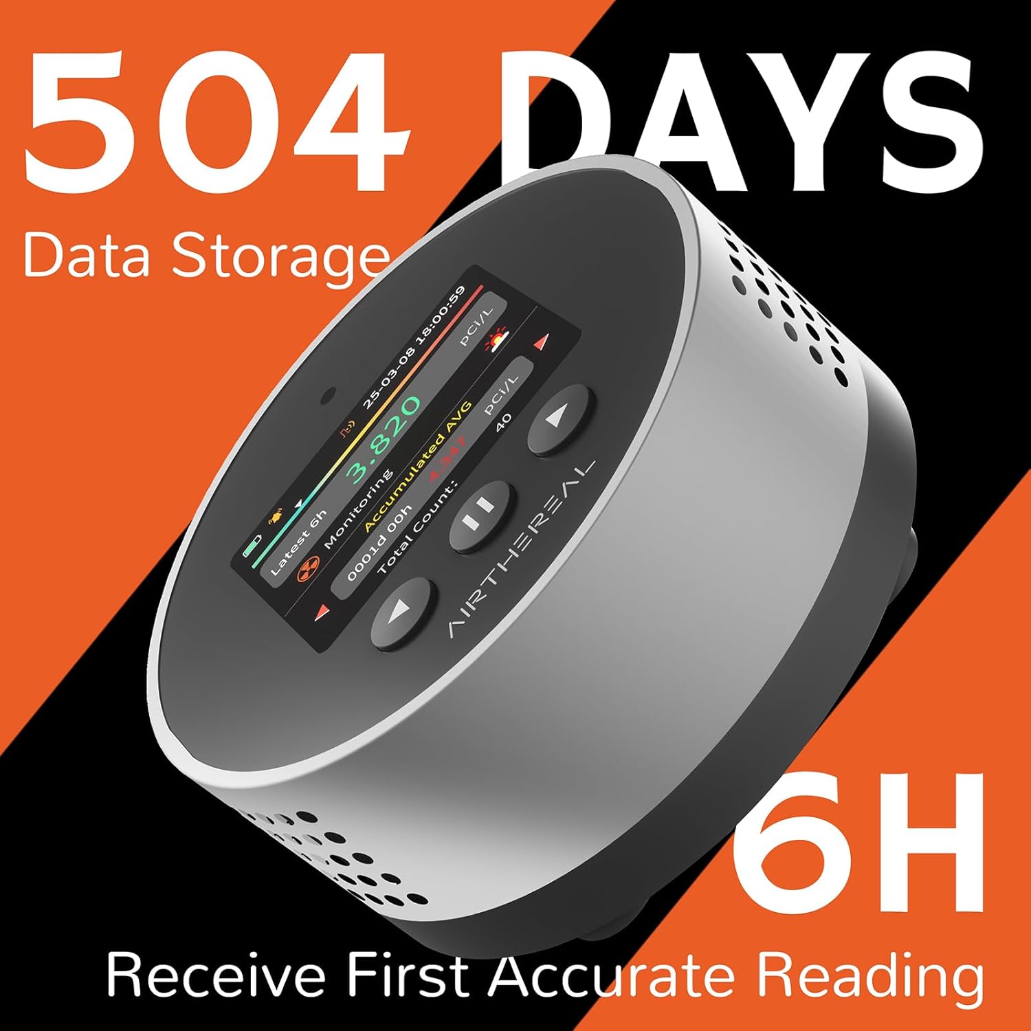 Airthereal Portable Radon Detector for Home – 504-Day Data Storage for Long Term Monitoring, LCD Color Display, Fast 6H Results, Long Battery Life, Audible & Visual Alarm - Upgraded 2025 Version