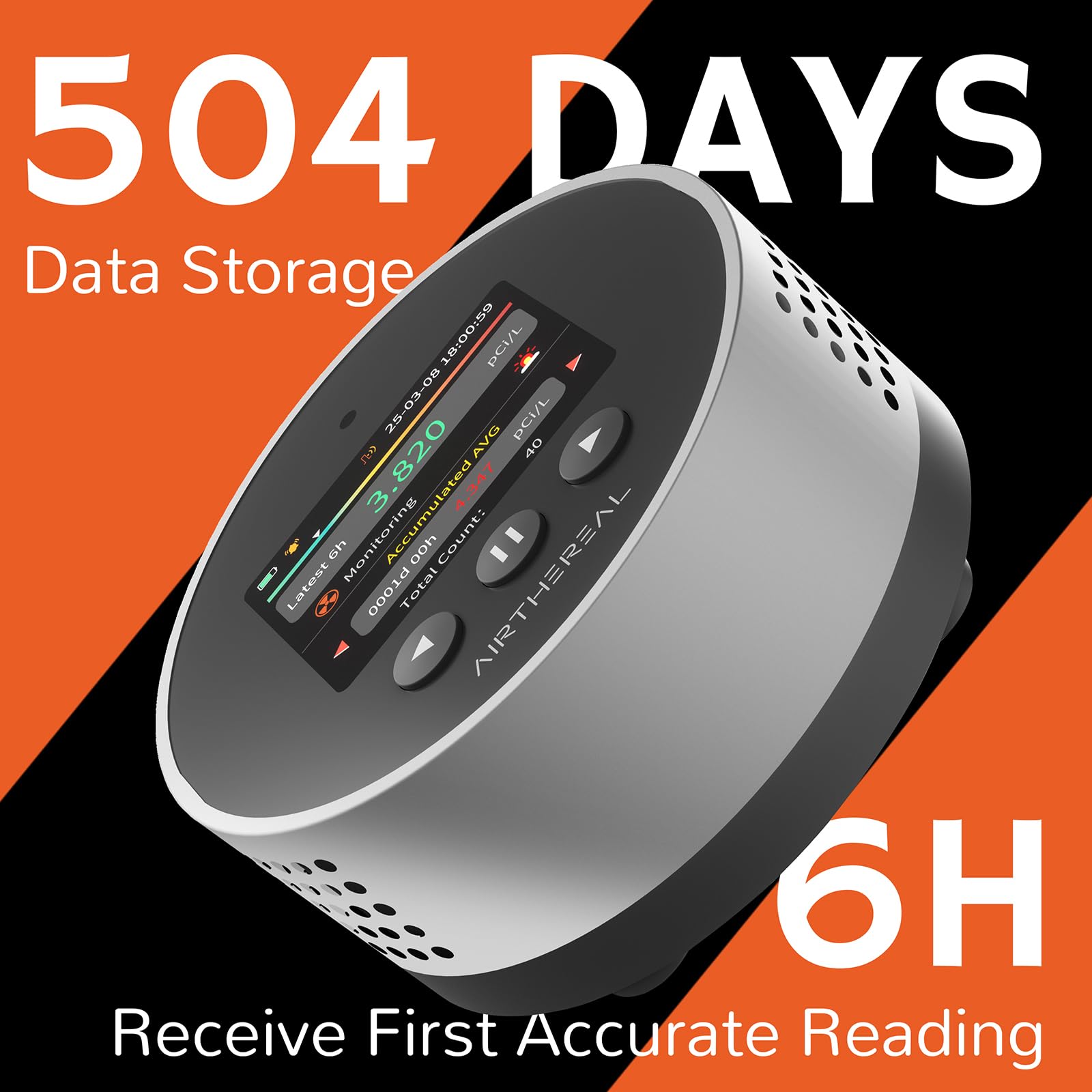 Airthereal Détecteur de Radon Portable – Stockage des données 504 Jours, écran LCD Couleur, résultats Rapides en 6 h, Longue autonomie de la Batterie, Alarme sonore et visuelle – Version 2025