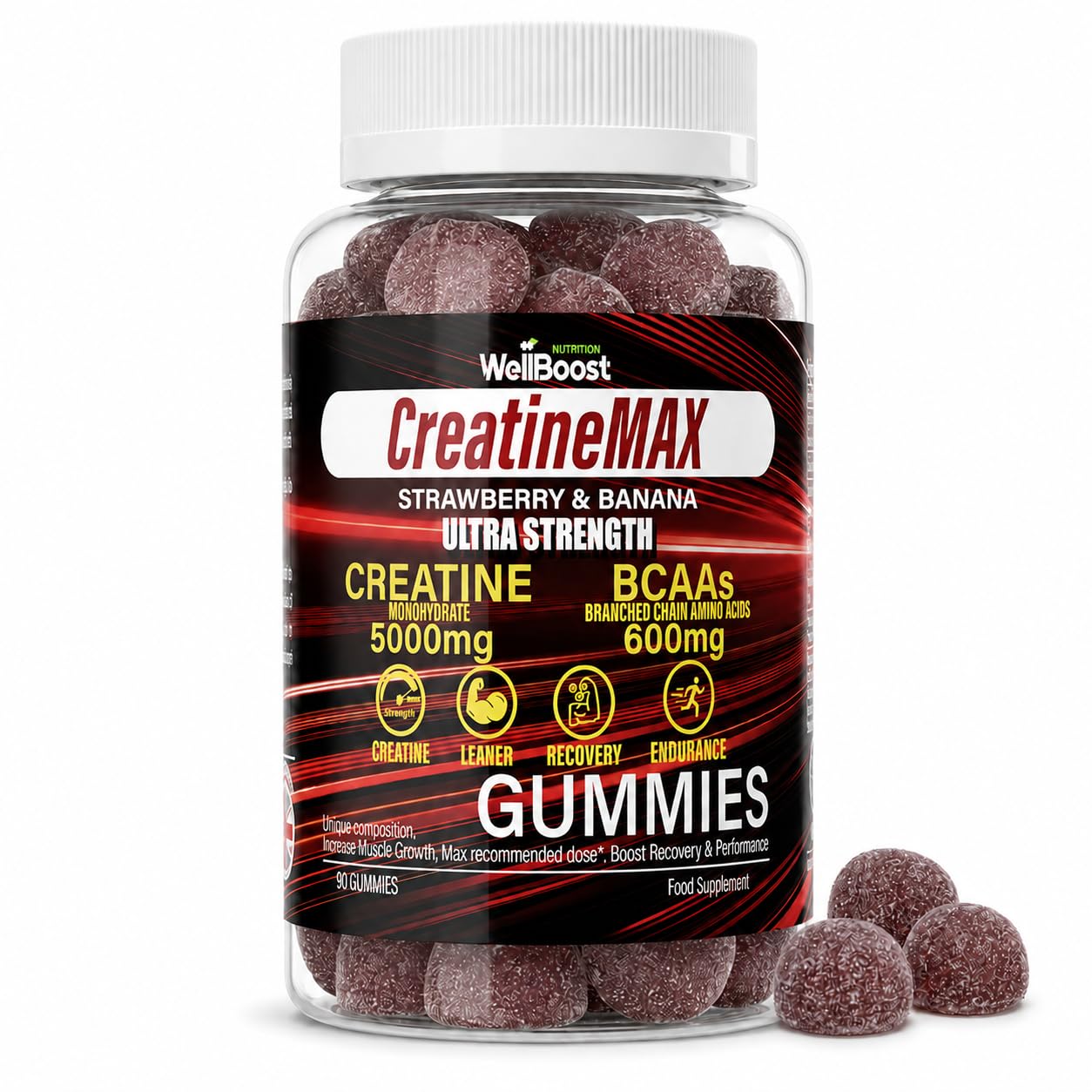 WellBoost Creatine MAX Gummies | 5000mg Creatine Monohydrate & 600mg BCAAs per Serving | Vegan, Sugar-Free Chewable Gummies | Strawberry & Banana Flavor | 90 Gummies (1 Month Supply)
