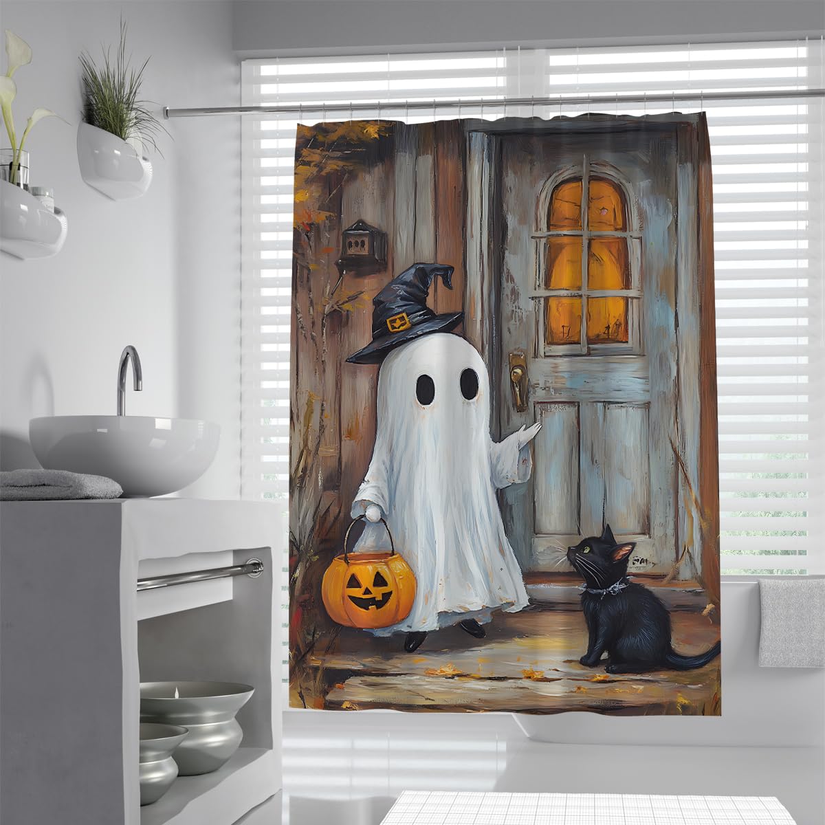 UIRINGART Cute Halloween Ghost Black Cat Shower Curtain W200xL240cm Vintage House Door Witch Hat Pumpkin Basket Anti Mould Waterproof Bathtub Screens for Wet Room with Hooks