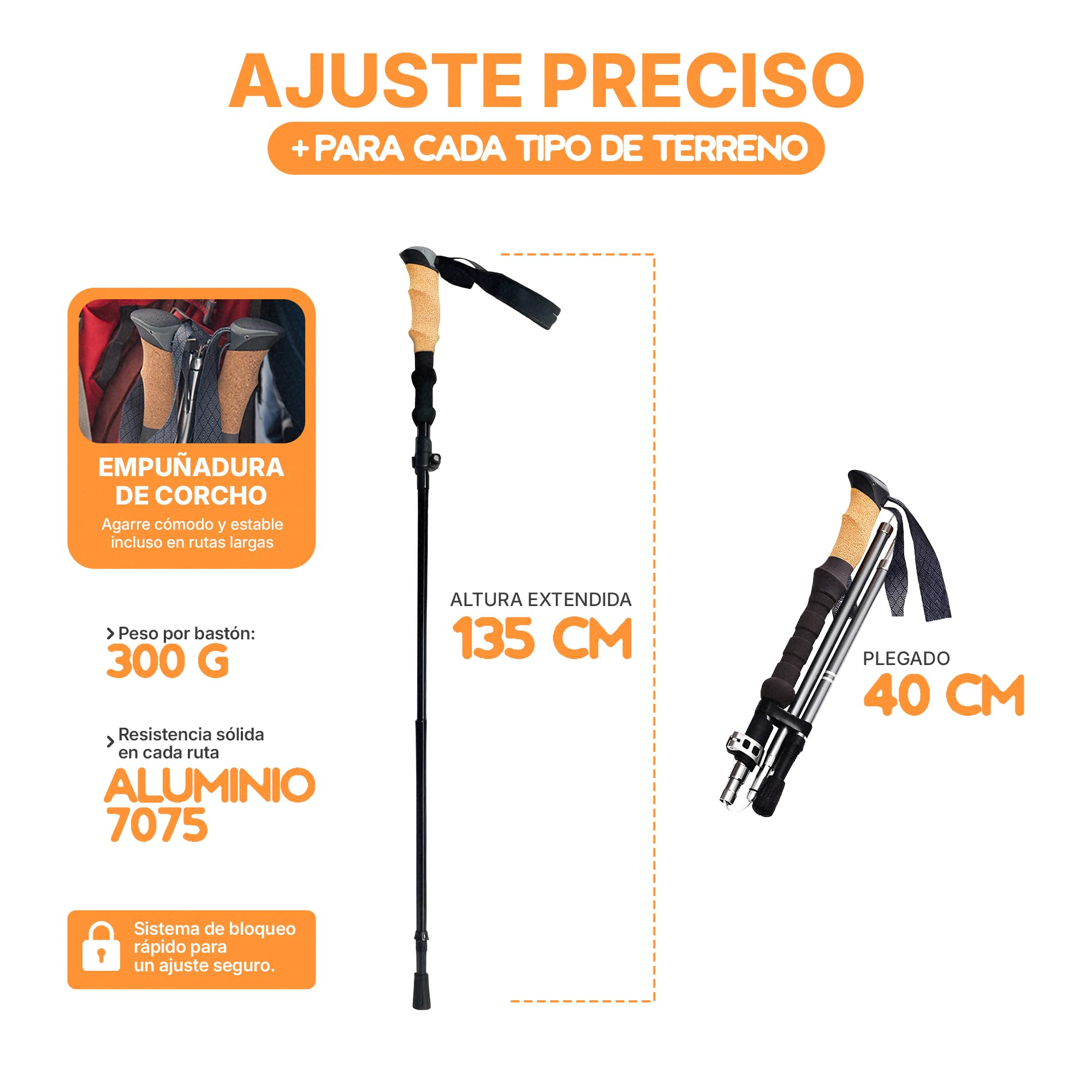 Bastoncini da trekking pieghevoli, 2 bastoncini da trekking, alluminio 7075, leggeri, regolabili da 120 a 135 cm, manico in sughero, 4 paia di fermi, regolazione rapida, montagna, marcia nordica