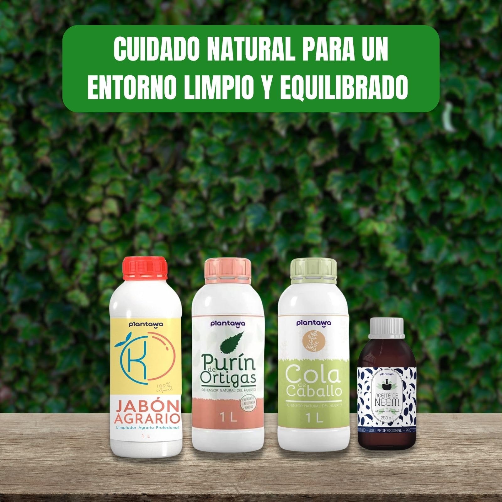 PLANTAWA Protección TOTAL: Jabón Potásico 1L, Aceite de Neem 250ml, Purín de Ortiga 1L, Cola de Caballo 1L | Solución Versátil | Fácil Aplicación | Cuidado Eficaz y Seguro